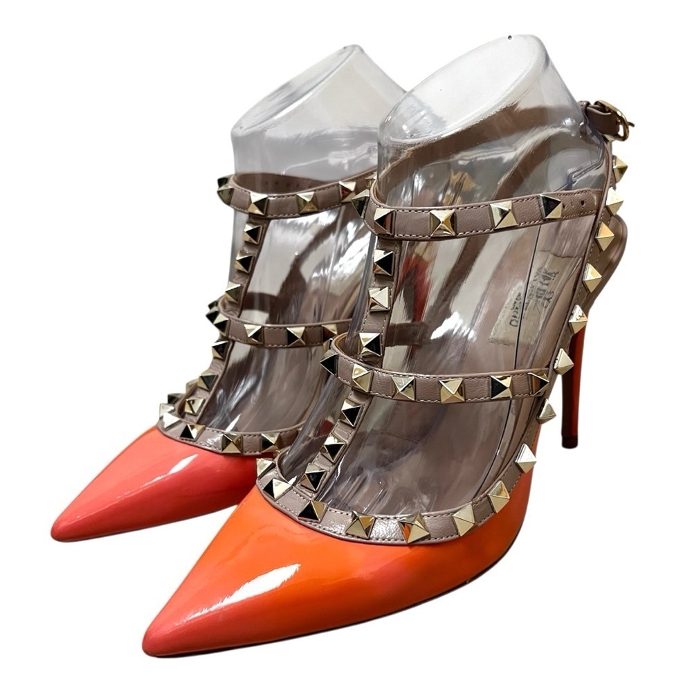 Valentino 6 Calfskin Nappa Rockstud T-Strap Patent Orange Poudre Pumps Heels - Picture 6 of 16